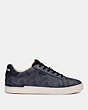 COACH®,LOWLINE LOW TOP SNEAKER WITH HORSE AND CARRIAGE PRINT,Coated Canvas/Leather,BLUE STEEL,Angle View