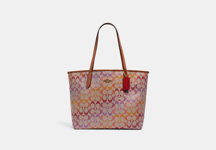 COACH®,CITY TOTE IN RAINBOW SIGNATURE CANVAS,n/a,X-Large,Gold/Khaki Multi Redwood,Front View