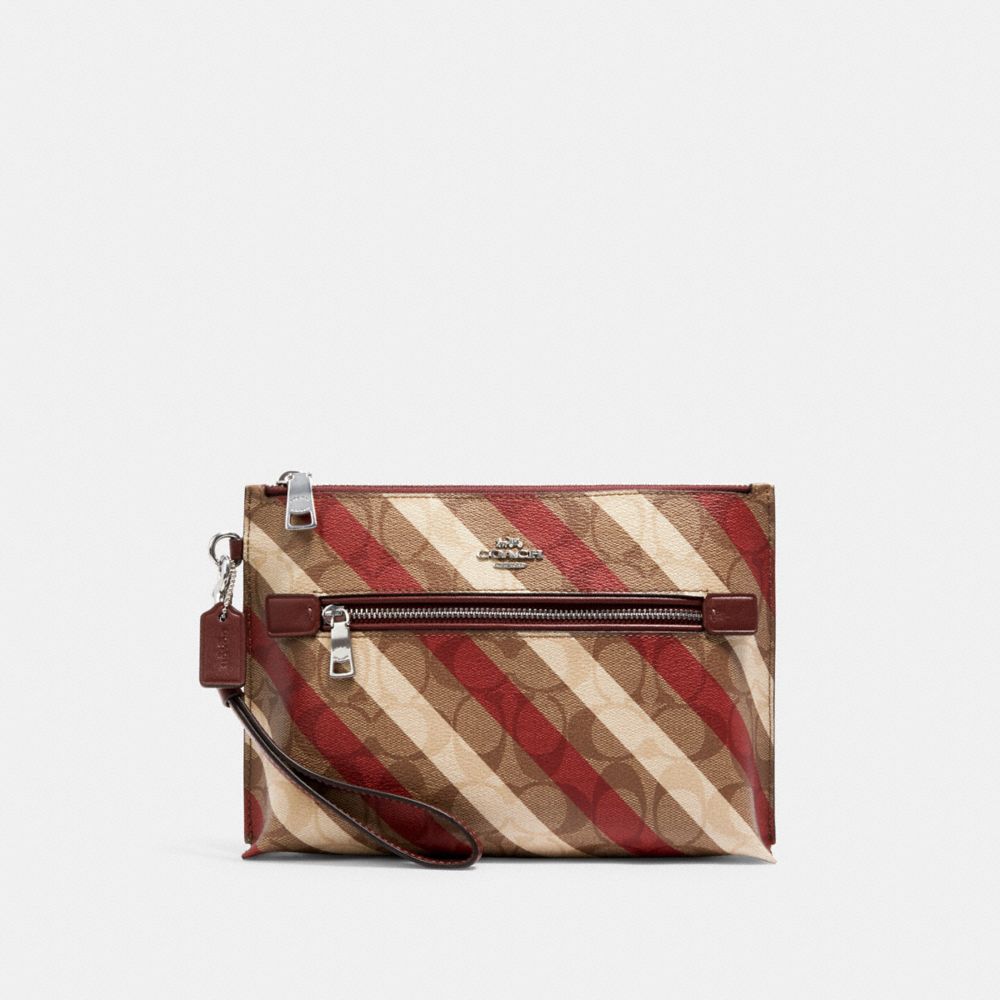 COACH®,ROWAN POUCH IN SIGNATURE CANVAS WITH DIAGONAL STRIPE PRINT,Silver/Khaki Multi,Front View