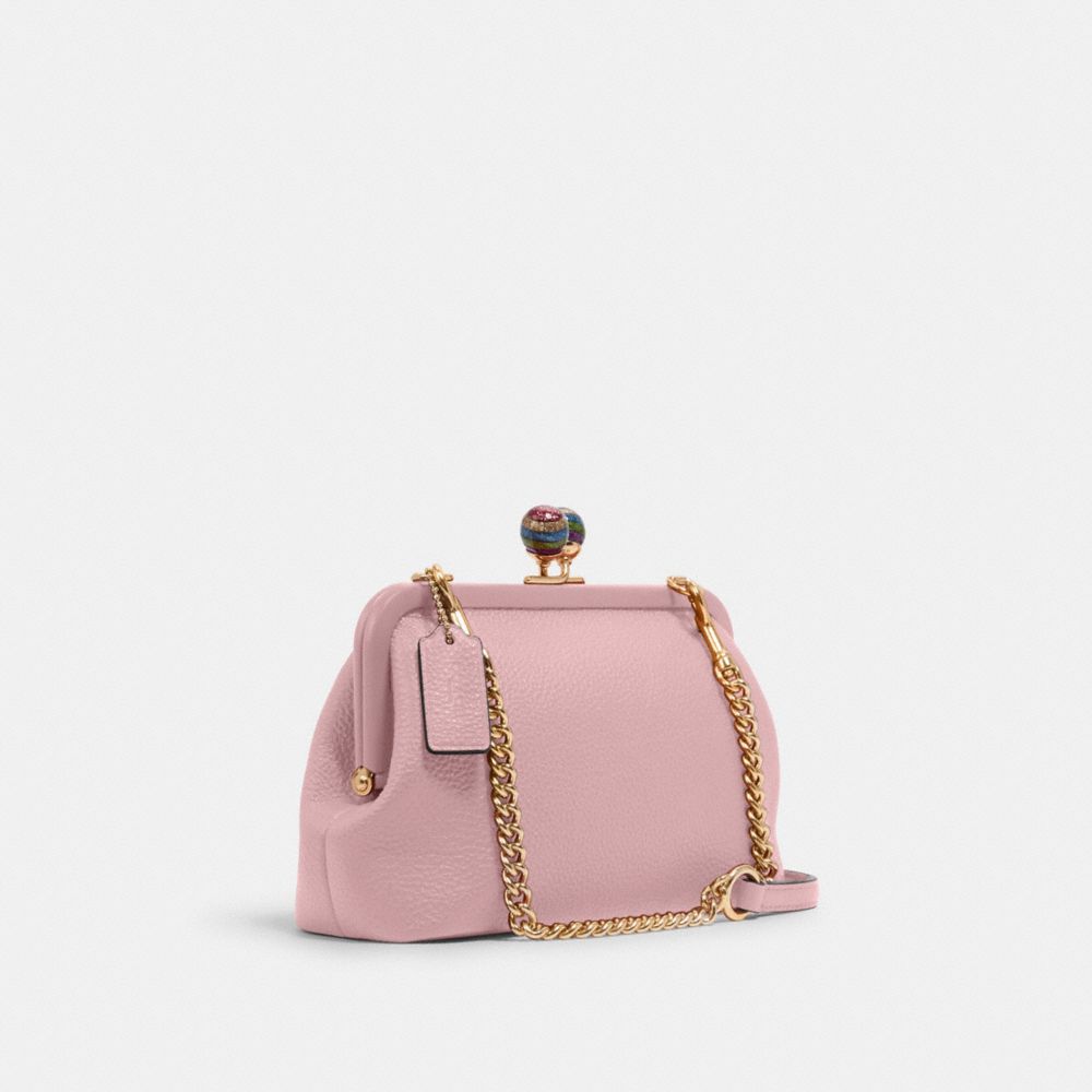 COACH®,NORA KISSLOCK CROSSBODY,vachetta,Small,Gold/Carnation,Angle View