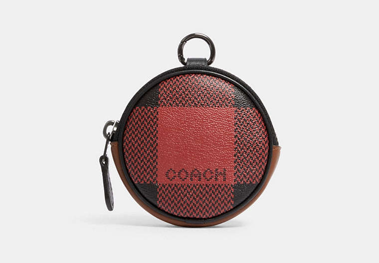 COACH®,ROUND COIN CASE WITH BUFFALO PLAID PRINT,pvc,Mini,Gunmetal/Red Multi,Front View