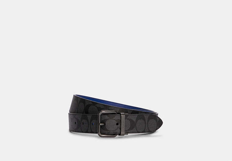 COACH®,ROLLER BUCKLE CUT-TO-SIZE REVERSIBLE BELT, 38MM,Leather,Gunmetal/Charcoal/Sport Blue,Front View