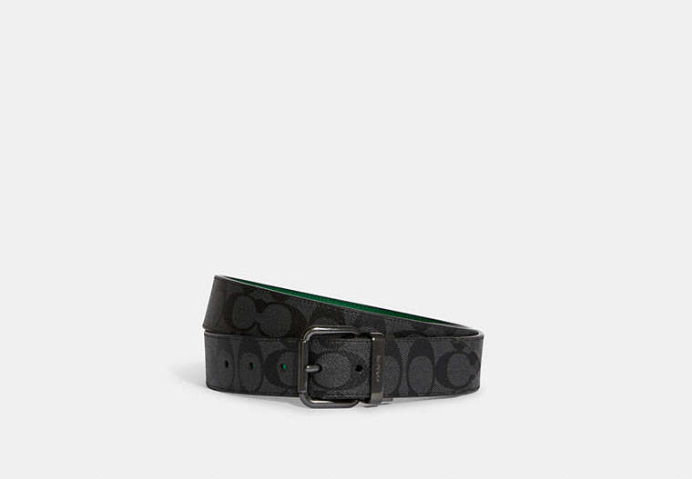 COACH®,ROLLER BUCKLE CUT-TO-SIZE REVERSIBLE BELT, 38MM,Leather,Gunmetal/Charcoal/Green,Front View