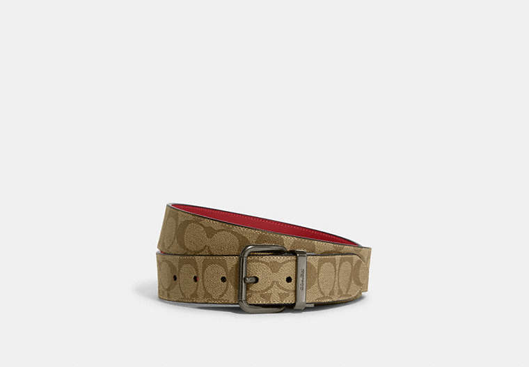 COACH®,ROLLER BUCKLE CUT-TO-SIZE REVERSIBLE BELT, 38MM,Leather,Black Antique Nickel/1941 Red/Khaki,Front View