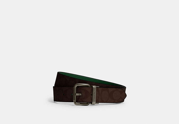 COACH®,ROLLER BUCKLE CUT-TO-SIZE REVERSIBLE BELT, 38MM,Leather,Black Antique Nickel/Mahogany/Dark Pine,Front View