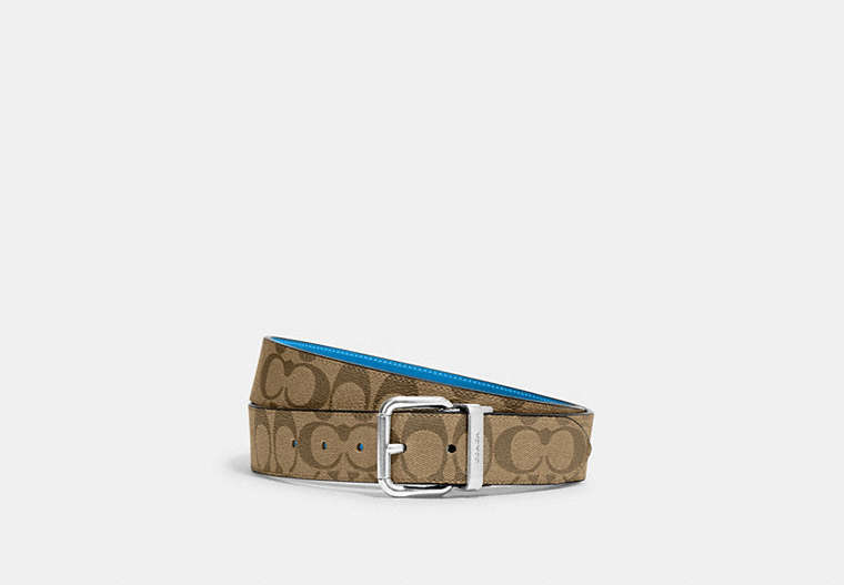COACH®,ROLLER BUCKLE CUT-TO-SIZE REVERSIBLE BELT, 38MM,Leather,Silver/Khaki/Racer Blue,Front View