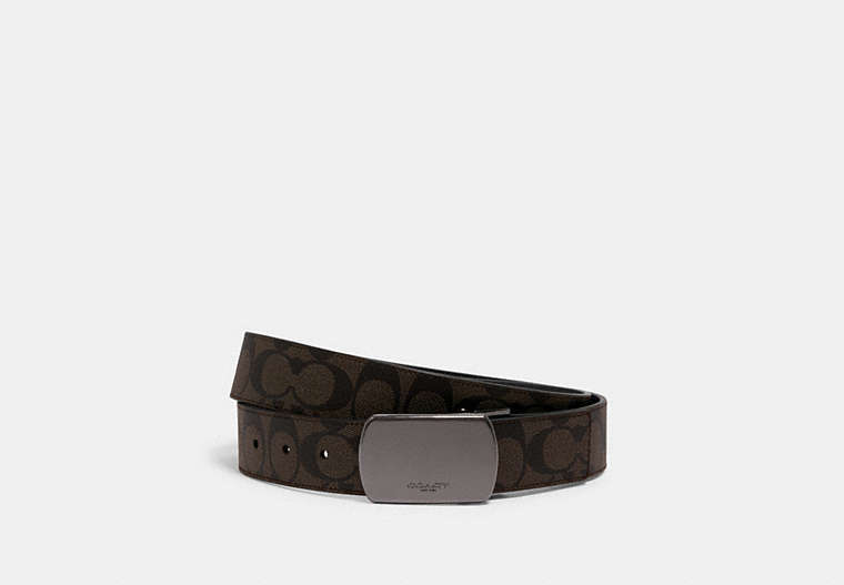 COACH®,BOXED SIGNATURE AND HARNESS BUCKLE CUT-TO-SIZE REVERSIBLE BELT, 38MM,pvc,Gunmetal/Mahogany/Black,Front View