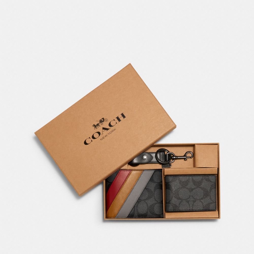 COACH Boxed 3 In 1 Wallet Gift Set In Signature Canvas With Diagonal Stripe Print