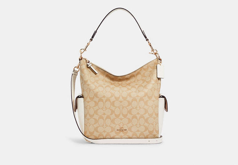 COACH®,PENNIE SHOULDER BAG IN SIGNATURE CANVAS,Leather,Large,Gold/Light Khaki Chalk,Front View