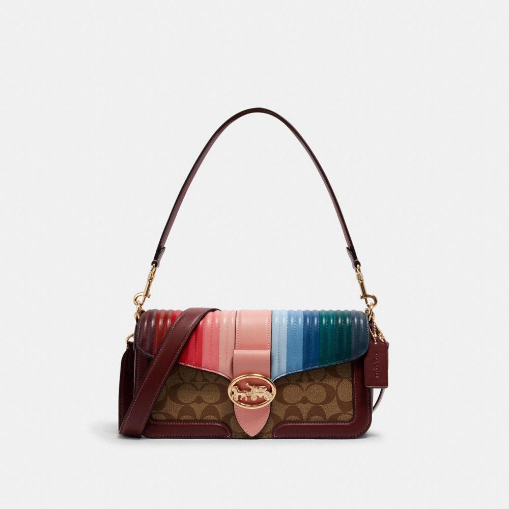 COACH®,GEORGIE SHOULDER BAG IN SIGNATURE CANVAS WITH RAINBOW LINEAR QUILTING,Small,Gold/Khaki/Candy Pink Multi,Front View