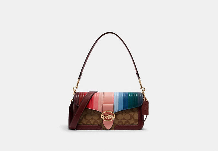 COACH®,GEORGIE SHOULDER BAG IN SIGNATURE CANVAS WITH RAINBOW LINEAR QUILTING,Small,Gold/Khaki/Candy Pink Multi,Front View