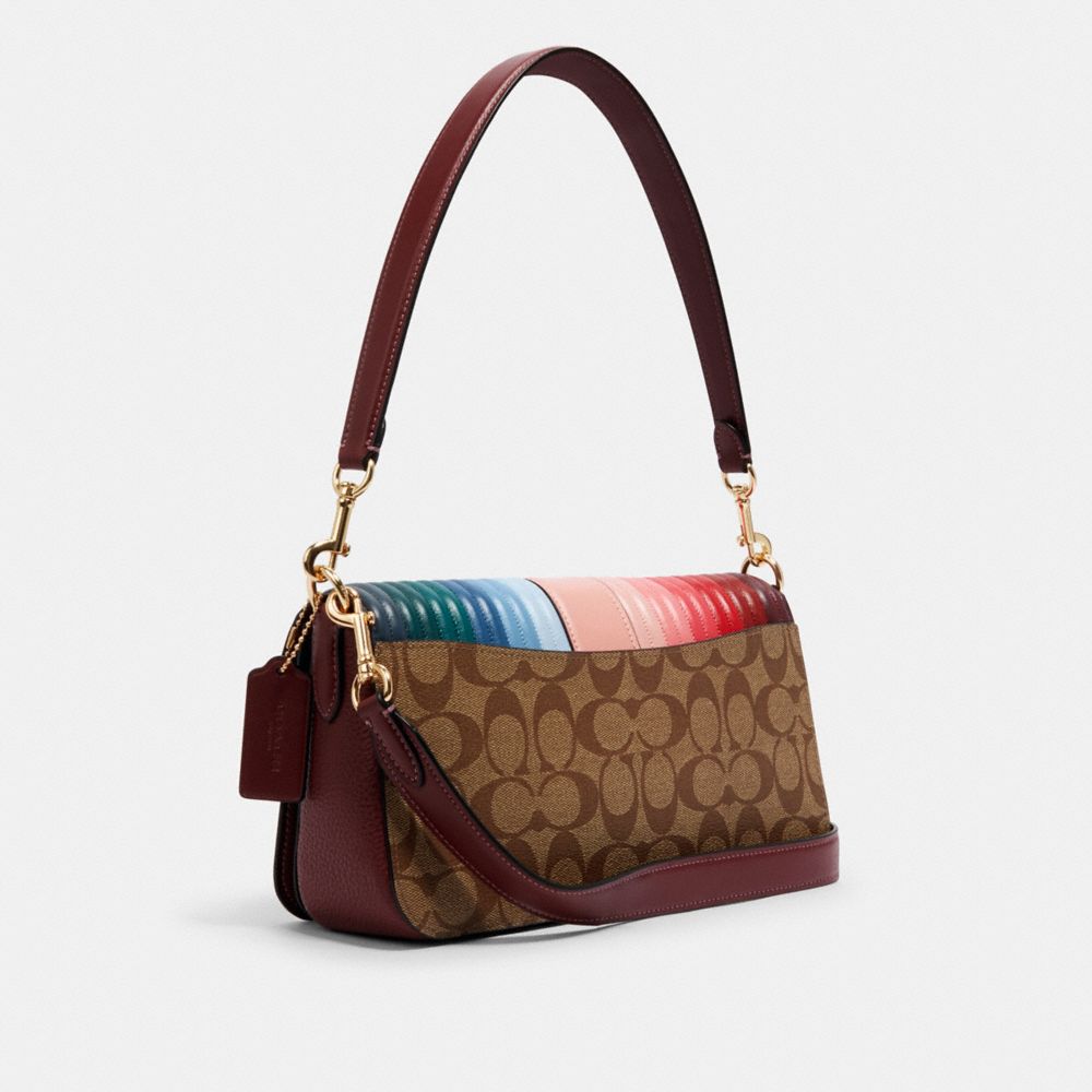COACH®,GEORGIE SHOULDER BAG IN SIGNATURE CANVAS WITH RAINBOW LINEAR QUILTING,Small,Gold/Khaki/Candy Pink Multi,Angle View