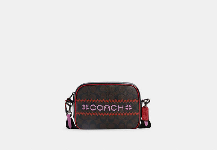 COACH®,DEMPSEY CAMERA BAG IN SIGNATURE CANVAS WITH FAIR ISLE GRAPHIC,pvc,Small,Gunmetal/Brown/1941 Red Multi,Front View