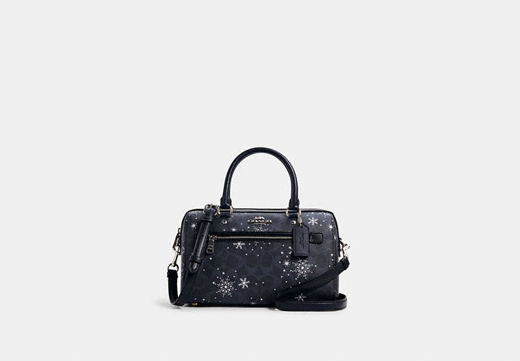 COACH®,ROWAN SATCHEL BAG IN SIGNATURE CANVAS WITH SNOWFLAKE PRINT,pvc,Medium,Silver/Midnight Multi,Front View