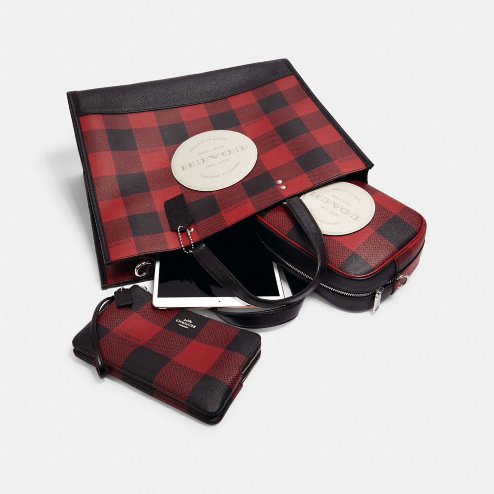 COACH®,Dempsey Tote Bag 40 With Buffalo Plaid Print And Coach Patch,,Angle View