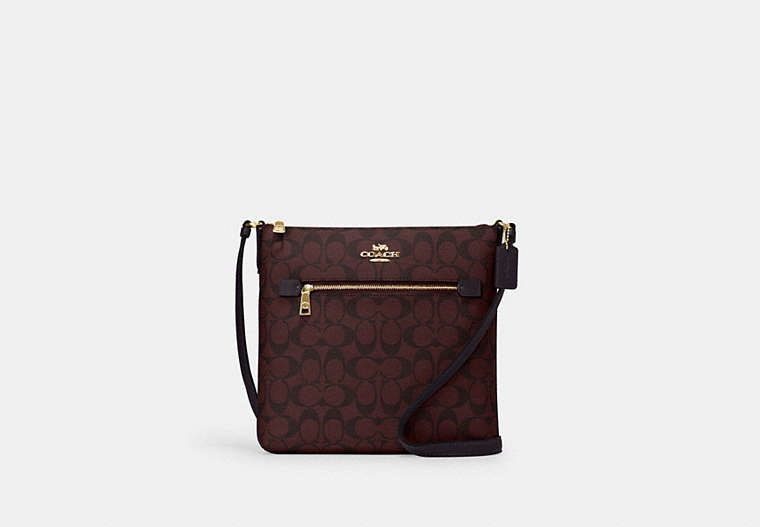 COACH®,ROWAN FILE BAG IN SIGNATURE CANVAS,pvc,Medium,Everyday,Gold/Oxblood Multi,Front View