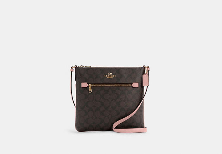 COACH®,ROWAN FILE BAG IN SIGNATURE CANVAS,pvc,Medium,Everyday,Gold/Brown Shell Pink,Front View