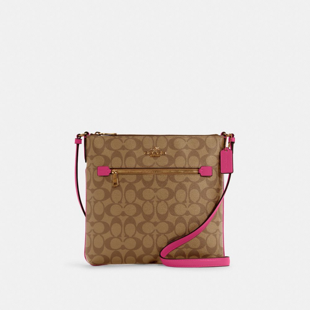 COACH®,ROWAN FILE BAG IN SIGNATURE CANVAS,Signature Canvas,Everyday,Gold/Khaki/Bold Pink,Front View