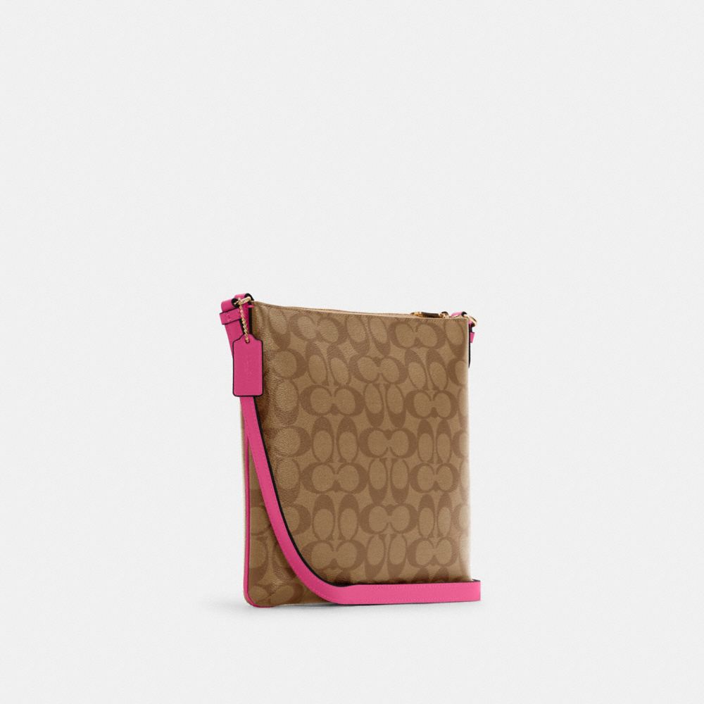 COACH®,ROWAN FILE BAG IN SIGNATURE CANVAS,Signature Canvas,Everyday,Gold/Khaki/Bold Pink,Angle View