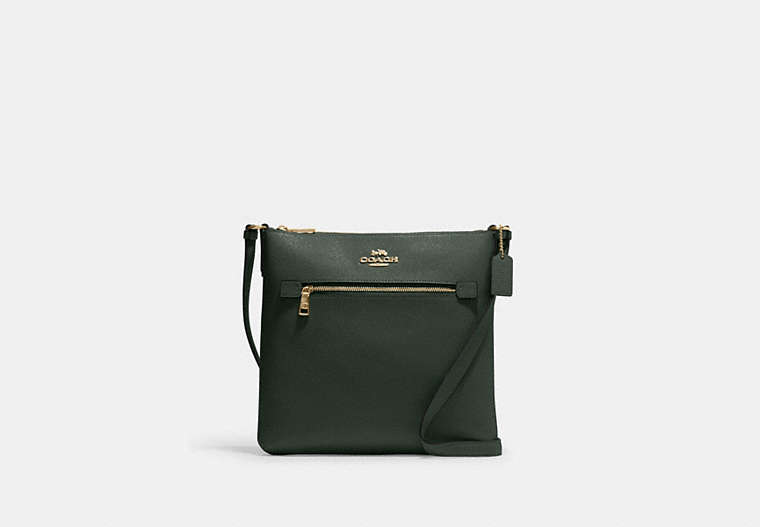 COACH®,ROWAN FILE BAG,Leather,Medium,Everyday,Gold/Amazon Green,Front View