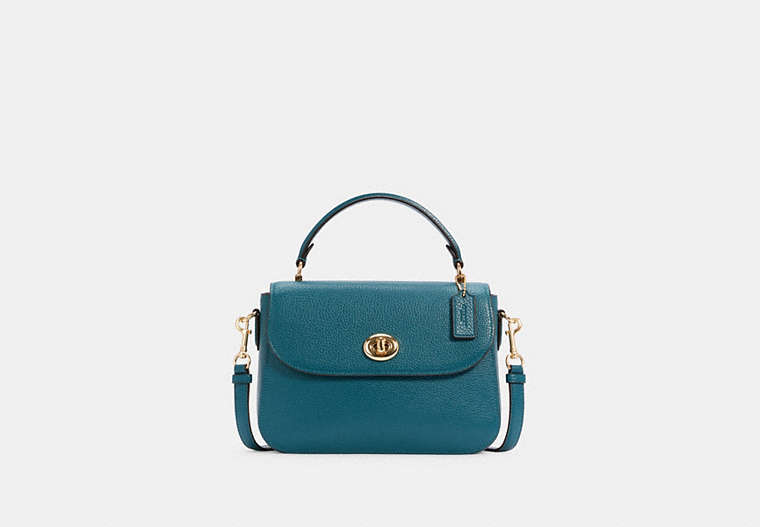 COACH®,MARLIE TOP HANDLE SATCHEL,Pebbled Leather,Large,Gold/Teal Ink,Front View