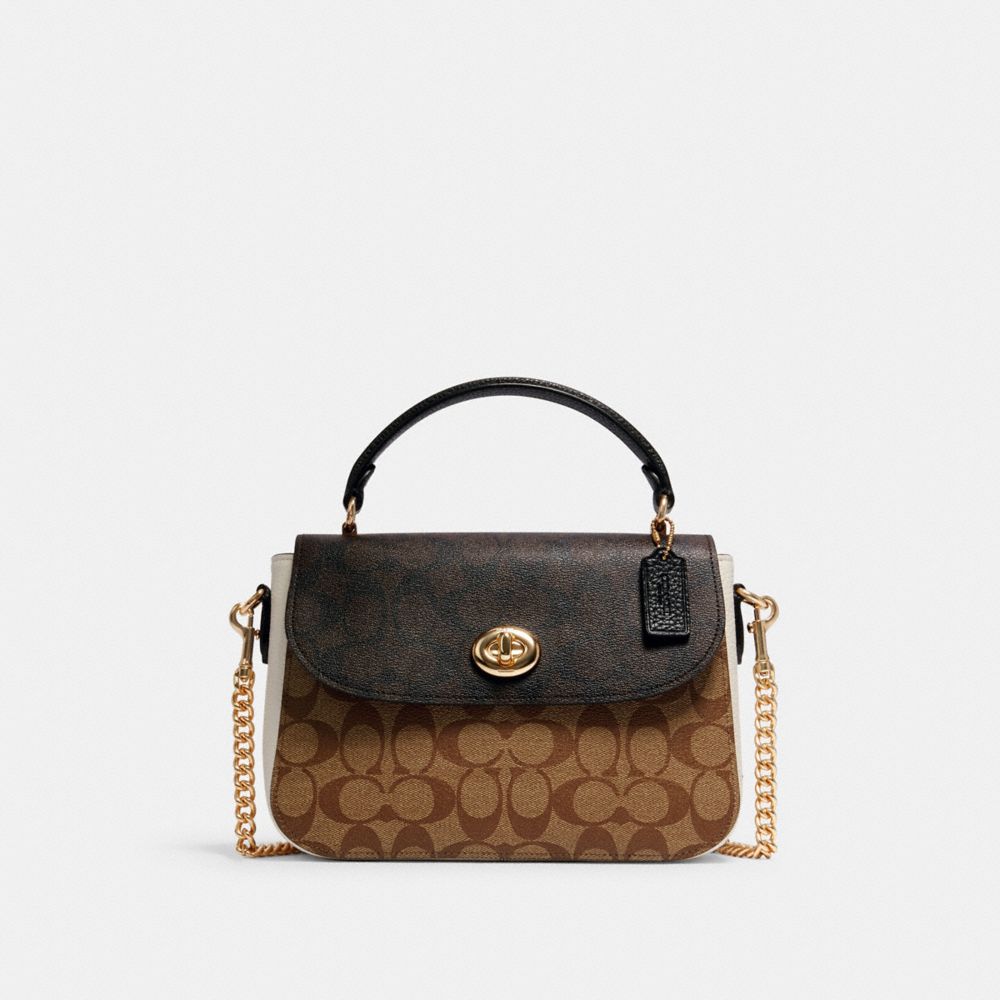 COACH®,MARLIE TOP HANDLE SATCHEL IN BLOCKED SIGNATURE CANVAS,Medium,Gold/Khaki Brown Multi,Front View