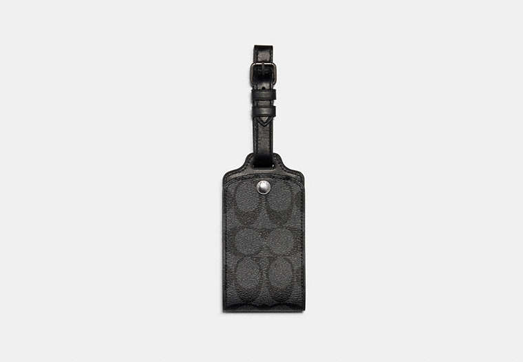 COACH®,LUGGAGE TAG IN SIGNATURE CANVAS,pvc,Gunmetal/Charcoal,Front View