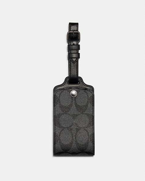 COACH®,LUGGAGE TAG IN SIGNATURE CANVAS,pvc,Gunmetal/Charcoal,Front View