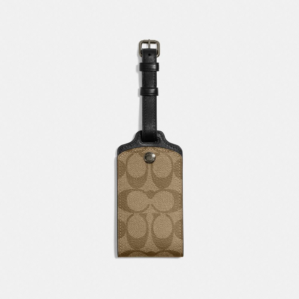 COACH®,LUGGAGE TAG IN SIGNATURE CANVAS,Gunmetal/Khaki,Front View