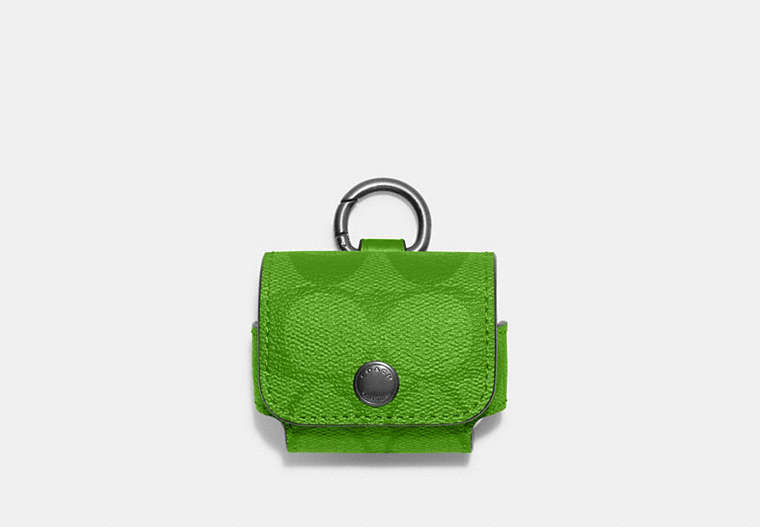 COACH®,LARGE WIRELESS EARBUD CASE IN SIGNATURE CANVAS,pvc,Mini,Gunmetal/Neon Green,Front View