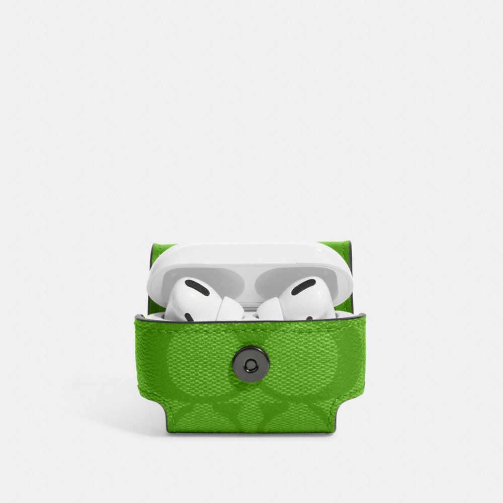 COACH®,Large Wireless Earbud Case In Signature Canvas,Airpod Case,Green,Inside View,Top View