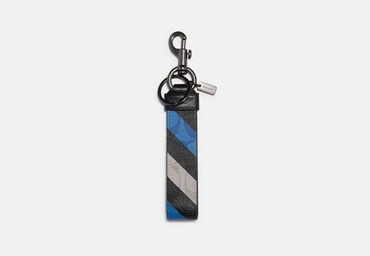 COACH®,LARGE LOOP KEY FOB IN SIGNATURE CANVAS WITH DIAGONAL STRIPE PRINT,pvc,Gunmetal/Blue Multi,Front View