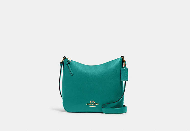 COACH®,ELLIE FILE BAG,Pebbled Leather,Medium,Everyday,Gold/Bright Jade,Front View