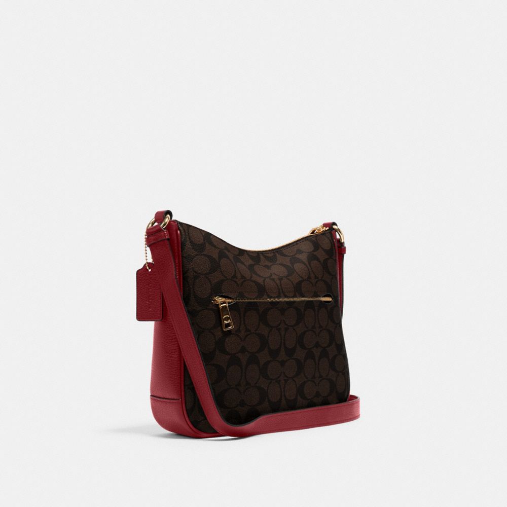 COACH®,Ellie File Bag In Signature Canvas,Canvas,Leather,Crossbody,PVC,Color Block,Logo,Gold Metal,Casual,Brown,Angle View