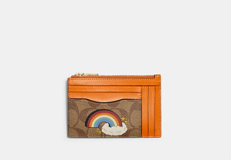 COACH®,XL MINI SKINNY ID CASE IN SIGNATURE CANVAS WITH RAINBOW,Gold/Khaki Multi,Front View