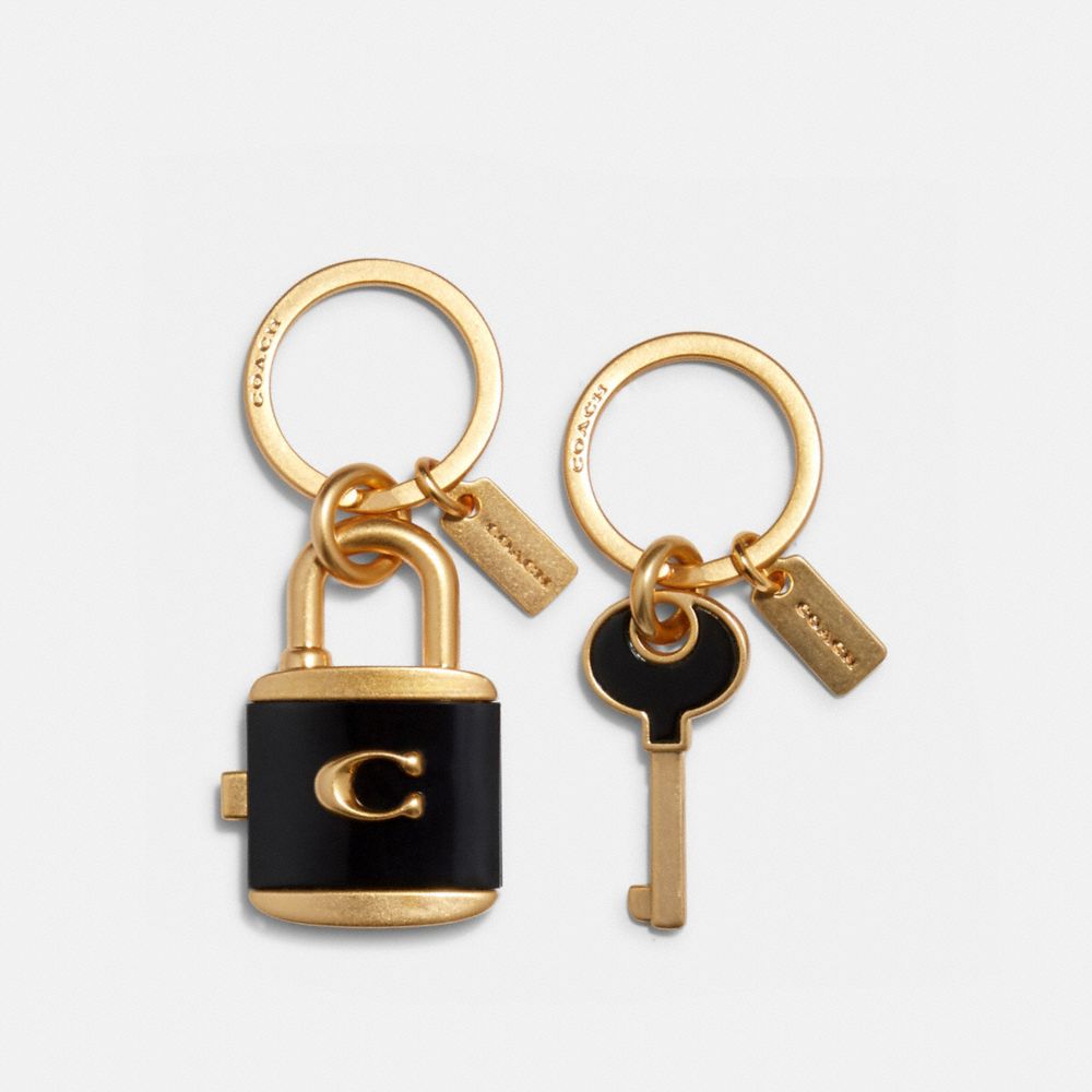 COACH®,LOCK AND KEY BAG CHARM KEY RING,Gold/Black,Front View