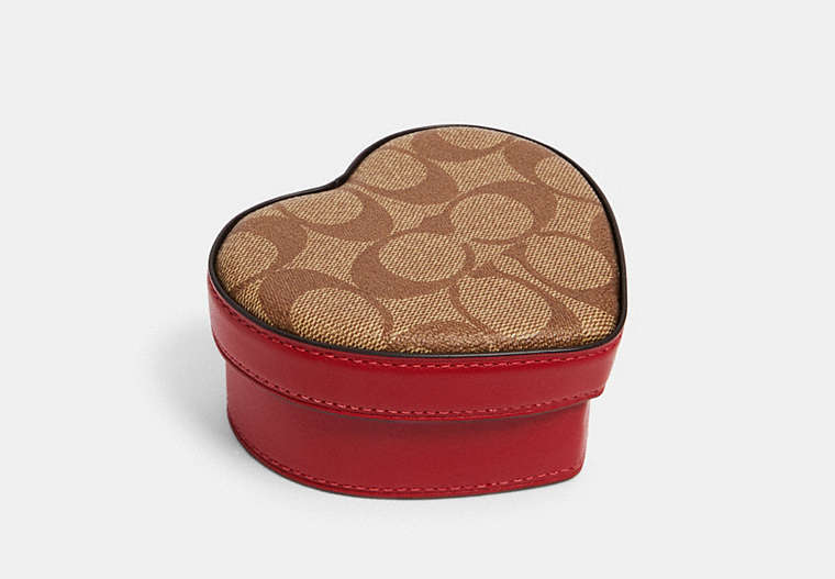 COACH®,HEART TRINKET BOX IN SIGNATURE CANVAS,Leather,Khaki 1941 Red,Front View