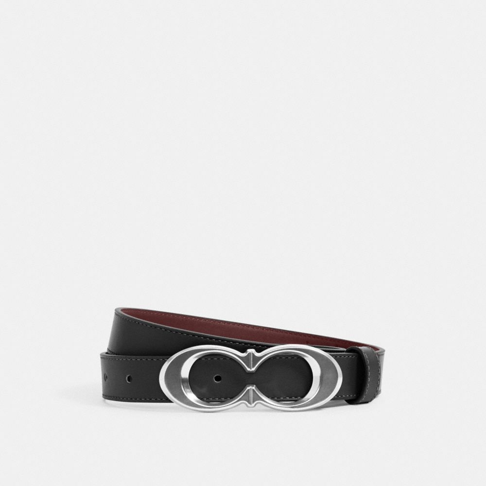 COACH®,SIGNATURE BUCKLE BELT, 25MM,Silver/Black Wine,Front View