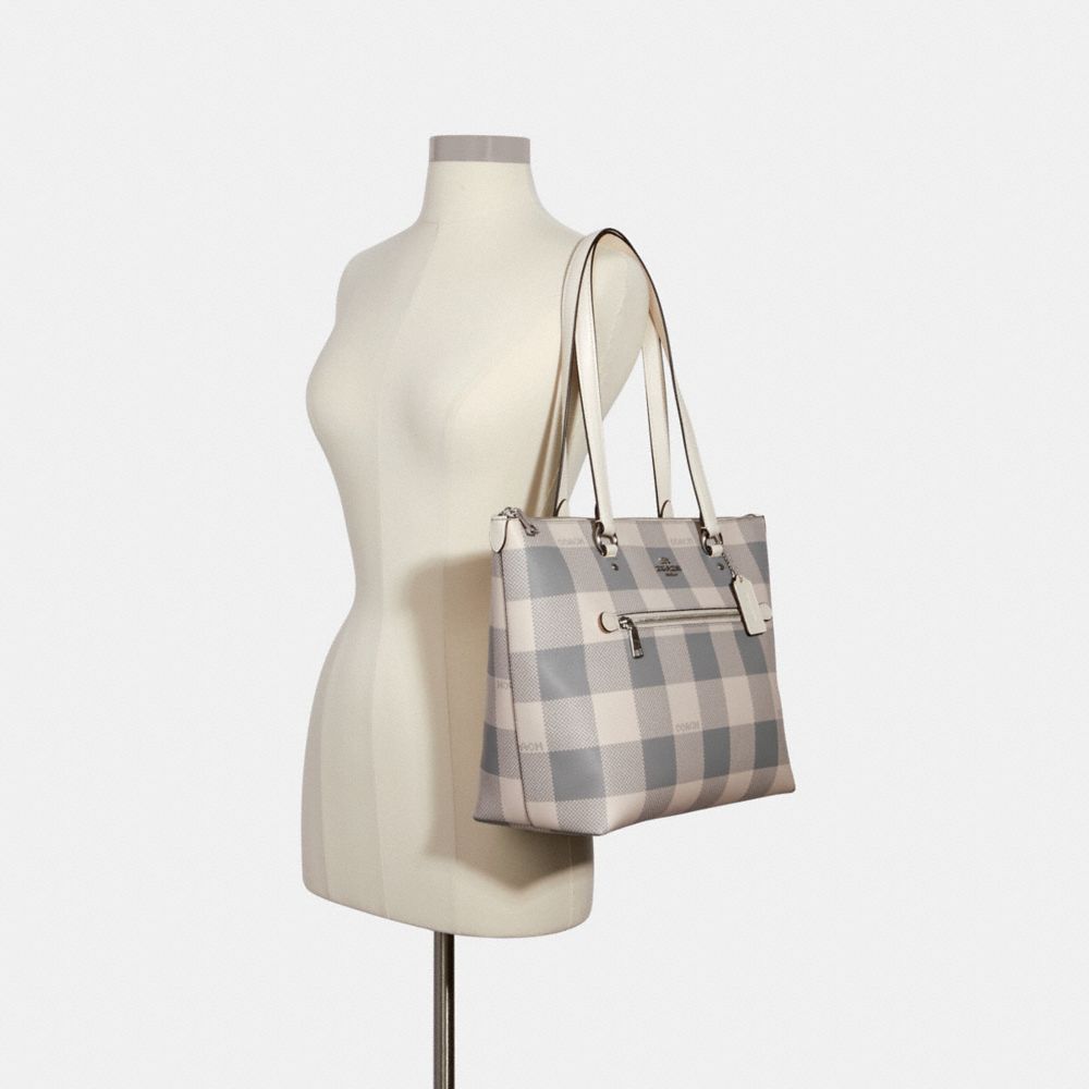 gallery tote with buffalo plaid print