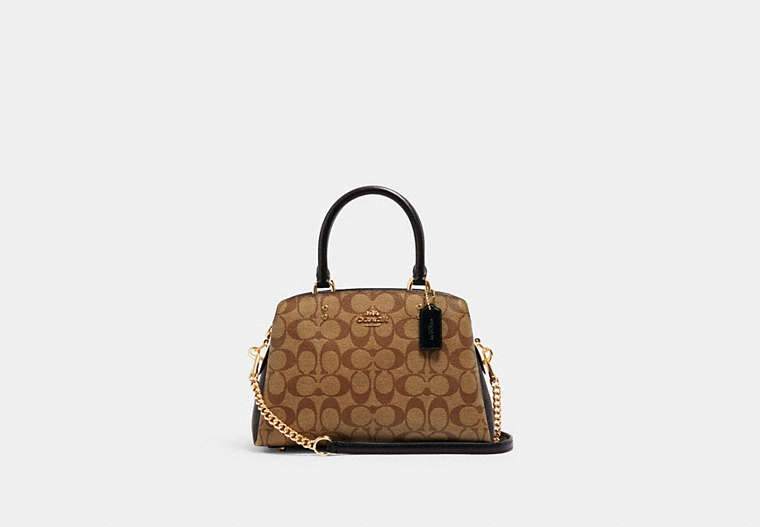 COACH®,MINI LILLIE CARRYALL IN BLOCKED SIGNATURE CANVAS,Leather,Medium,Gold/Khaki Brown Multi,Front View