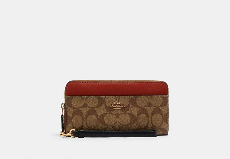 COACH®,ACCORDION ZIP WALLET WITH WRISTLET STRAP IN COLORBLOCK SIGNATURE CANVAS,Gold/Khaki/Terracotta Multi,Front View