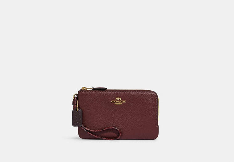 COACH®,DOUBLE CORNER ZIP WRISTLET,Leather,Small,Gold/Wine Multi,Front View