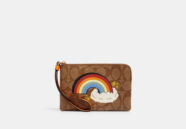 COACH®,CORNER ZIP WRISTLET IN SIGNATURE CANVAS WITH RAINBOW,Gold/Khaki Multi,Front View