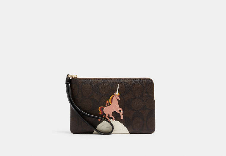 COACH®,CORNER ZIP WRISTLET IN SIGNATURE CANVAS WITH UNICORN,Gold/Brown Black Multi,Front View