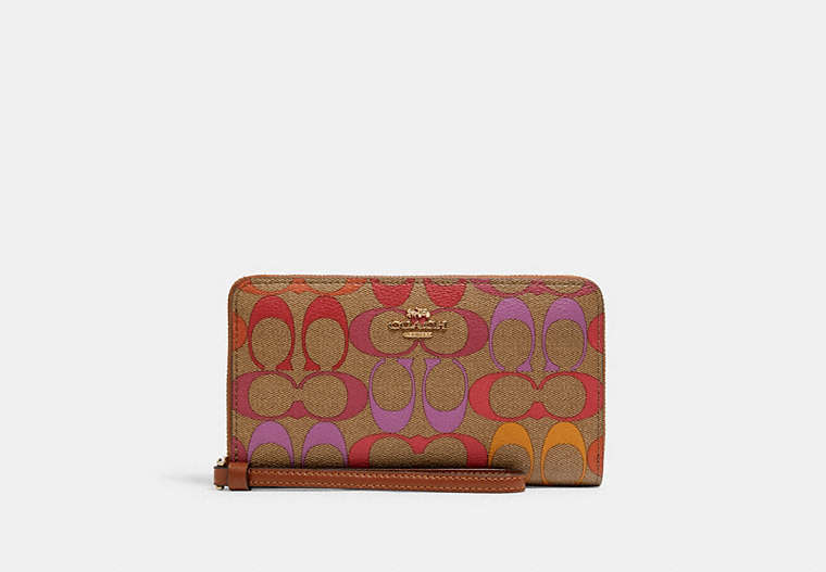 COACH®,LARGE PHONE WALLET IN RAINBOW SIGNATURE CANVAS,Gold/Khaki Multi,Front View