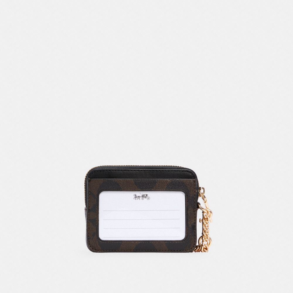 COACH®,ZIP CARD CASE IN BLOCKED SIGNATURE CANVAS,Signature Canvas,Mini,Gold/Khaki Brown Multi,Back View