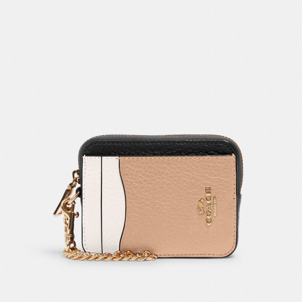 COACH®,ZIP CARD CASE IN COLORBLOCK,Novelty Leather,Mini,Gold/Chalk Multi,Front View