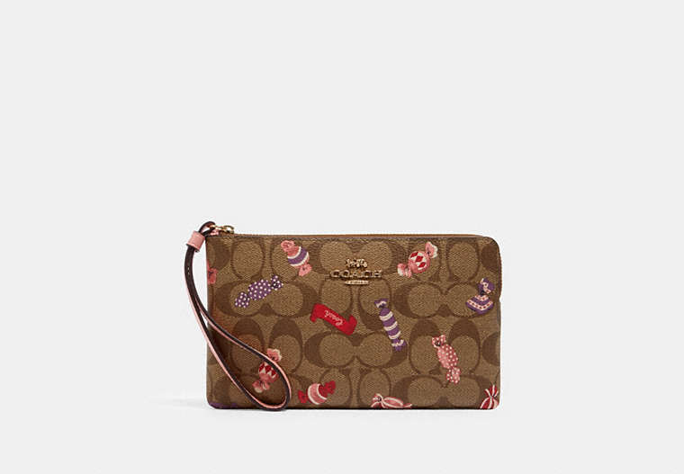COACH®,LARGE CORNER ZIP WRISTLET IN SIGNATURE CANVAS WITH CANDY PRINT,Gold/Khaki Multi,Front View