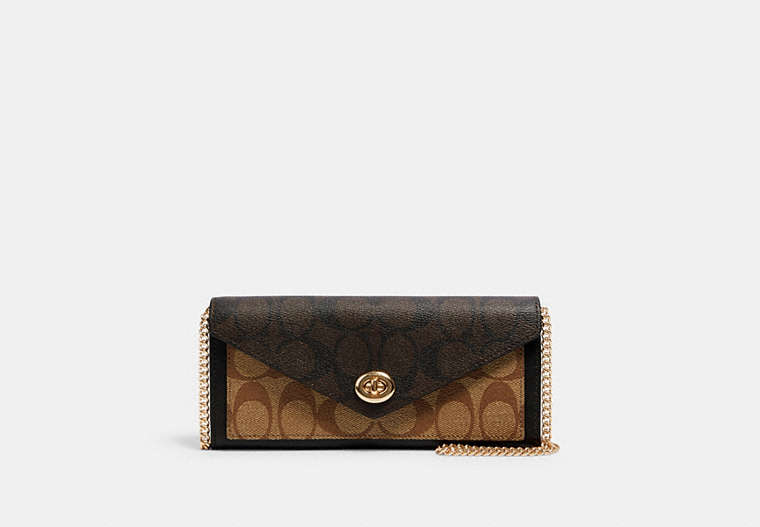 COACH®,SLIM ENVELOPE WALLET WITH CHAIN IN BLOCKED SIGNATURE CANVAS,pvc,Gold/Khaki Brown Multi,Front View