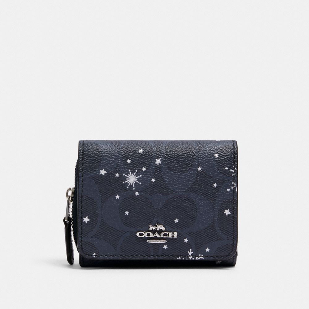 COACH®,SMALL TRIFOLD WALLET IN SIGNATURE CANVAS WITH SNOWFLAKE PRINT,Silver/Midnight Multi,Front View